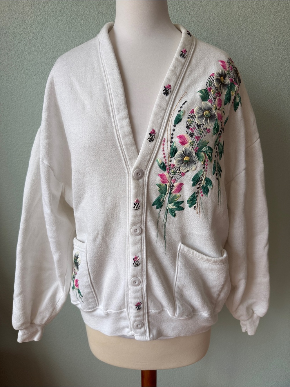Jerzees Vintage White Cardigan Sweater - Picture 2 of 9